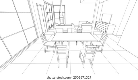Cocina interior Sala de estar Ilustración 3D	