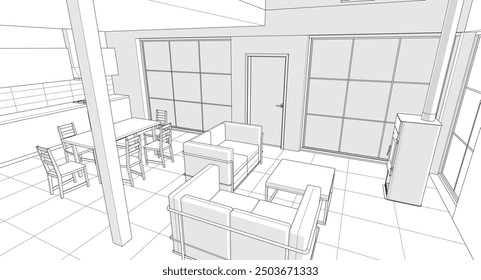 Cocina interior Sala de estar Ilustración 3D	
