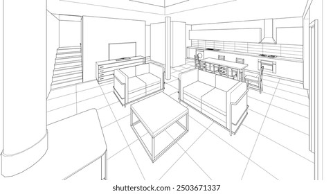 Cocina interior Sala de estar Ilustración 3D	