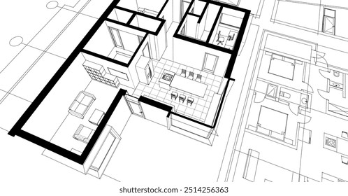 interior kitchen living room 3d illustration	