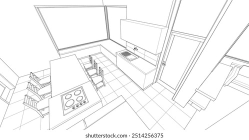interior cozinha sala de estar 3d ilustração	