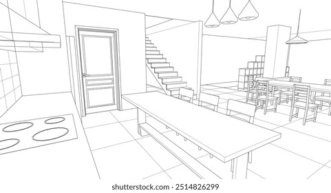 interior kitchen living room 3d illustration	