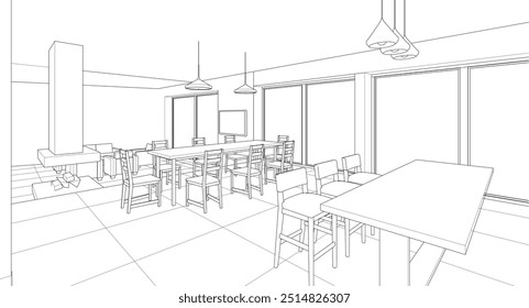 Cocina interior Sala de estar Ilustración 3D	