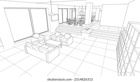 interior kitchen living room 3d illustration	
