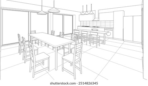 interior kitchen living room 3d illustration	