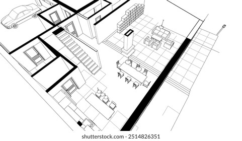Cocina interior Sala de estar Ilustración 3D	