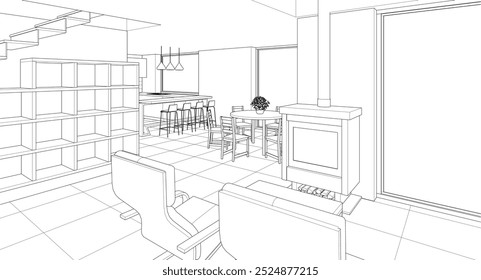 interior kitchen living room 3d illustration