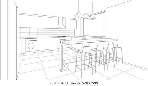 interior cozinha sala de estar 3d ilustração
