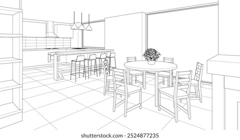 interior kitchen living room 3d illustration