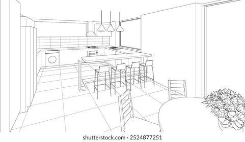 Cocina interior Sala de estar Ilustración 3D