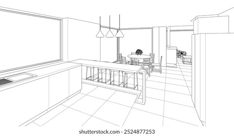 Wohnzimmer Küche 3d Illustration
