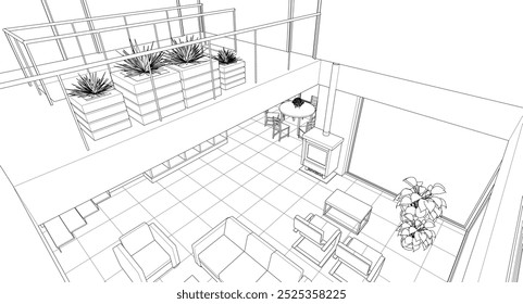 interior kitchen living room 3d illustration