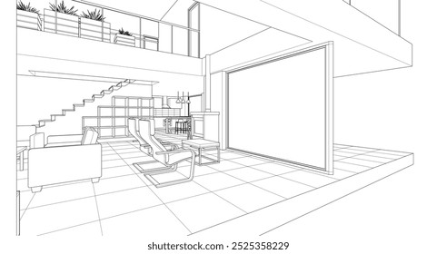 interior kitchen living room 3d illustration