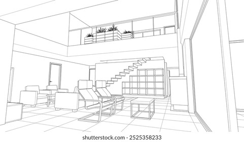 interior kitchen living room 3d illustration