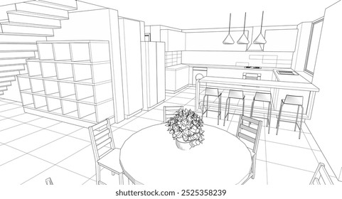 Cocina interior Sala de estar Ilustración 3D