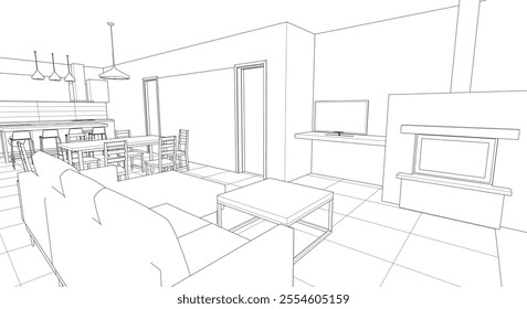 interior kitchen living room 3d illustration	