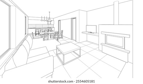 interior kitchen living room 3d illustration	