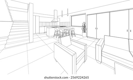 interior kitchen living room 3d illustration	