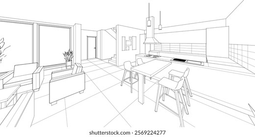 interior kitchen living room 3d illustration	