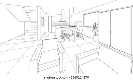 interior kitchen living room 3d illustration	