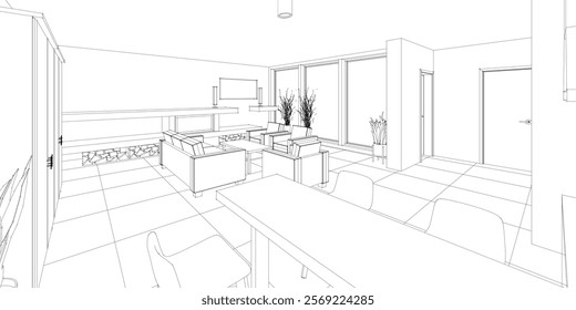 interior kitchen living room 3d illustration	