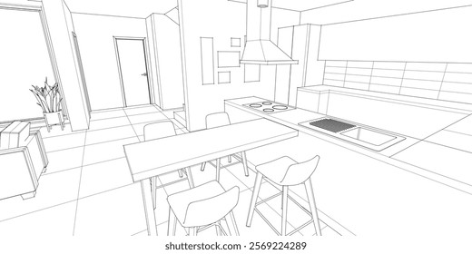 interior kitchen living room 3d illustration	