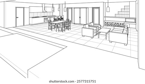  interior kitchen living room 3d illustration