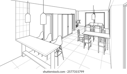  interior kitchen living room 3d illustration