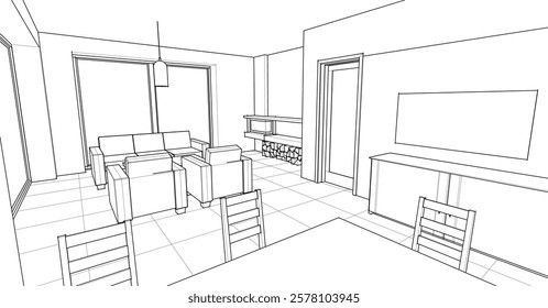  interior kitchen living room 3d illustration