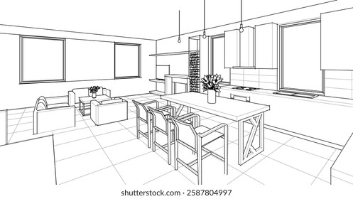interior kitchen living room 3d illustration