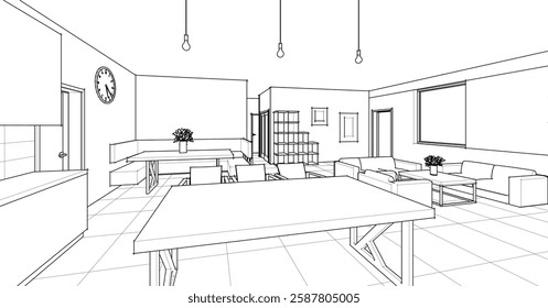 interior kitchen living room 3d illustration