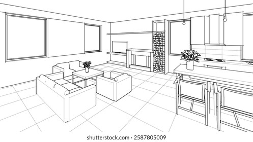 interior kitchen living room 3d illustration