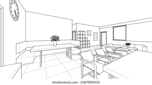 interior kitchen living room 3d illustration
