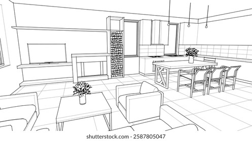 interior kitchen living room 3d illustration