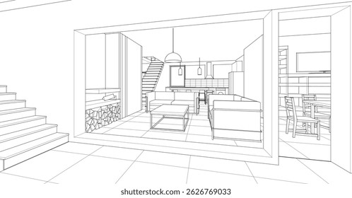 interior cozinha sala de estar 3d ilustração	