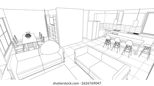 interior kitchen living room 3d illustration	