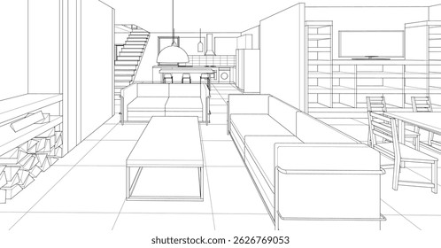 Cocina interior Sala de estar Ilustración 3D	