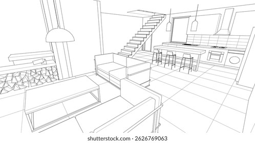 interior cozinha sala de estar 3d ilustração	