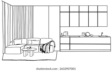interior kitchen living room 3d illustration