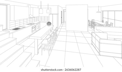 Cocina interior Sala de estar Ilustración 3D	