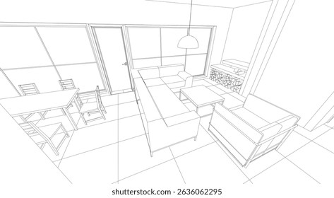 interior kitchen living room 3d illustration	