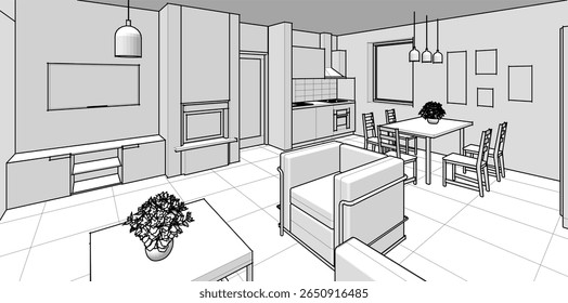 Wohnzimmer Küche 3d Illustration	