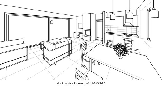 interior kitchen living room 3d illustration	