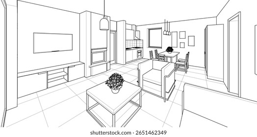 Cocina interior Sala de estar Ilustración 3D	