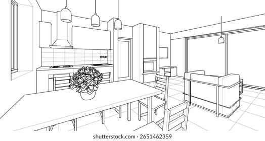 Cocina interior Sala de estar Ilustración 3D	