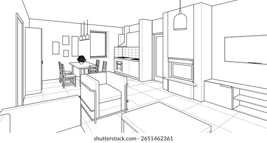 Cocina interior Sala de estar Ilustración 3D	