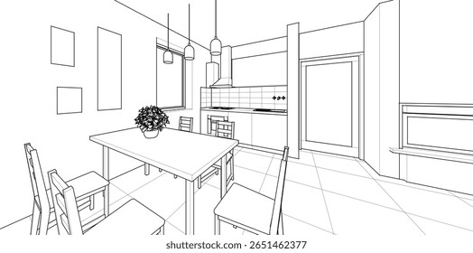 Cocina interior Sala de estar Ilustración 3D	