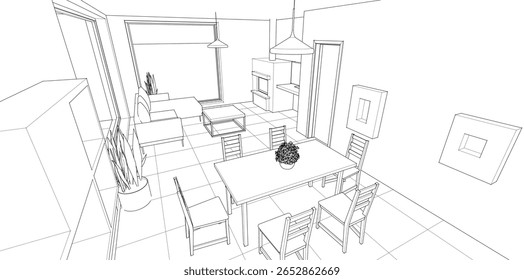 interior kitchen living room 3d illustration