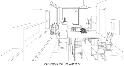 interior kitchen living room 3d illustration