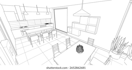 interior cozinha sala de estar 3d ilustração